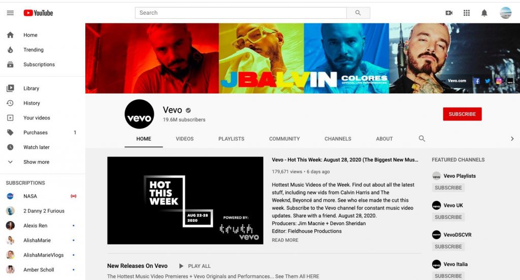 Vevo channel on YouTube