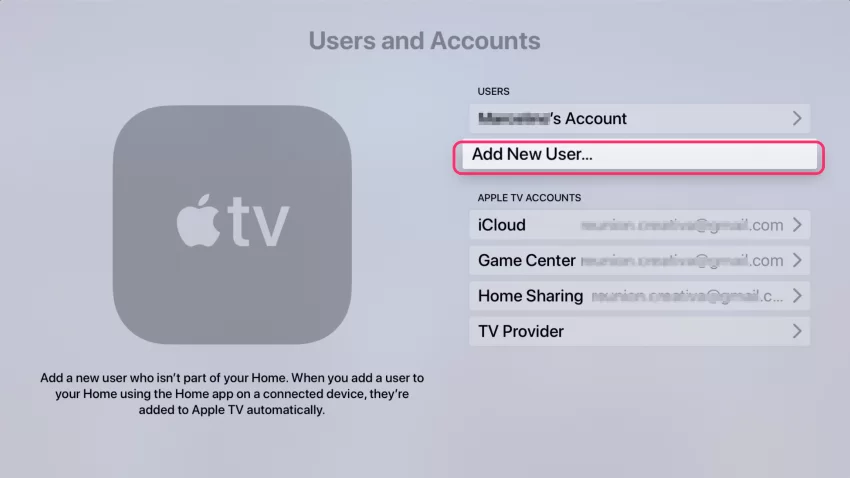 Click Add New User on Apple TV