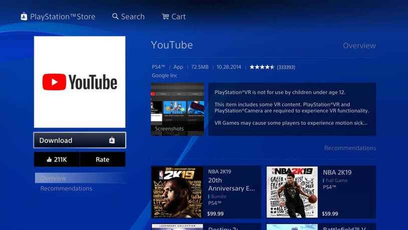 Select Download to watch YouTube on PS3