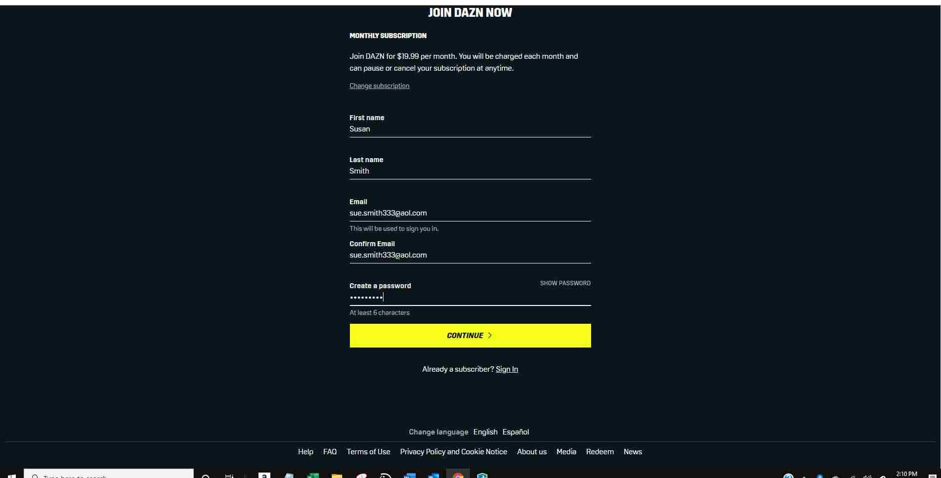 Click Continue to Create account 