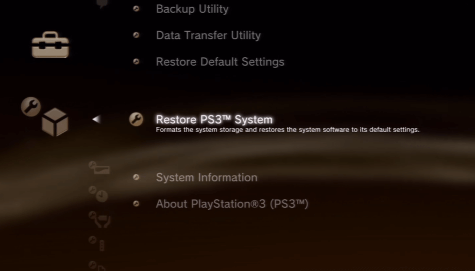 Click Restore PS3 System to reset PS3