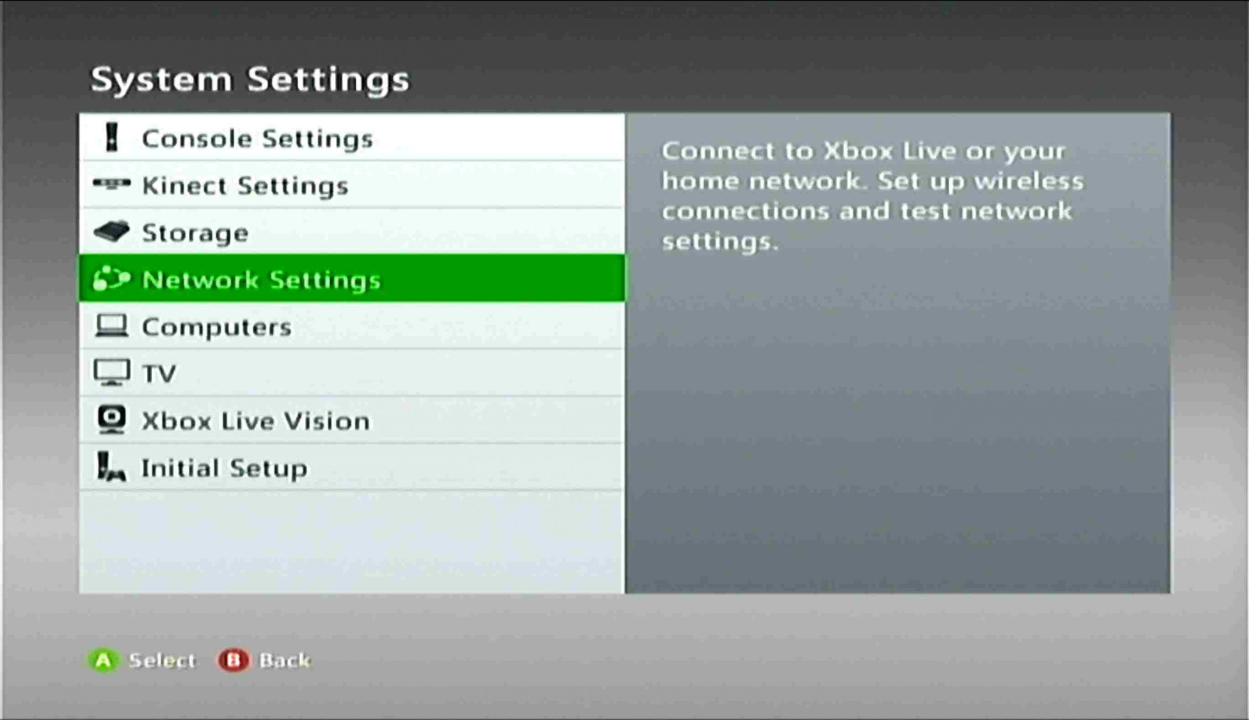 Network settings on Xbox 360