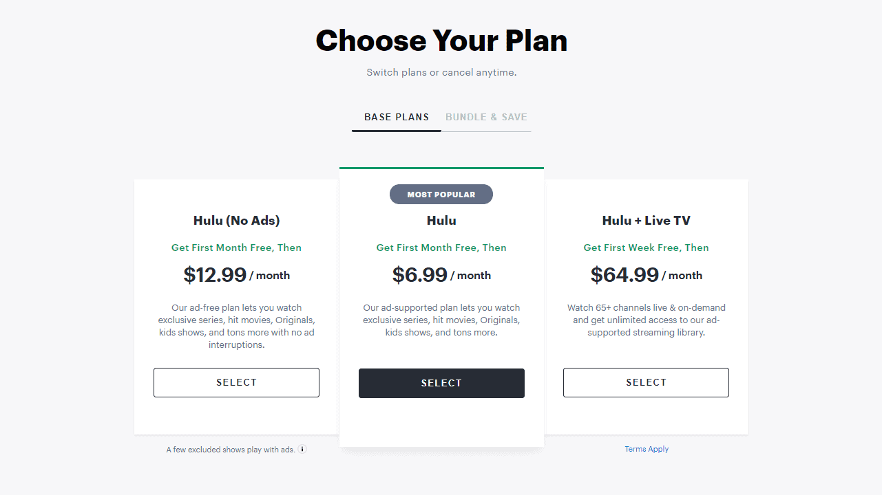 Choose your plan from Hulu website