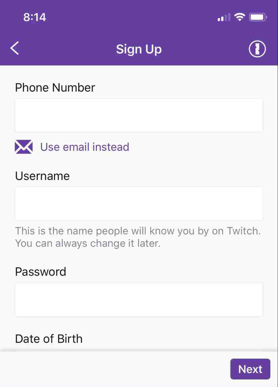 Sign Up on Twitch App