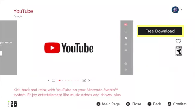 click the option free download to get YouTube on Nintendo Switch