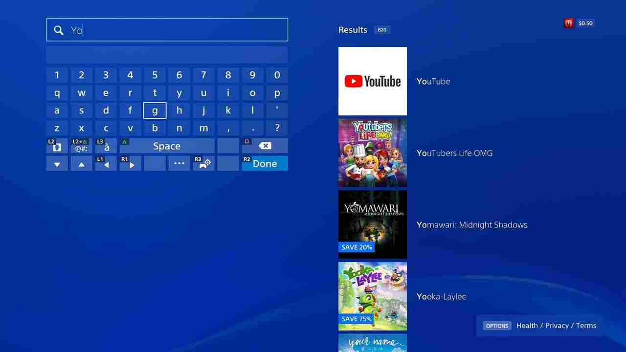 Search for YouTube on PS4