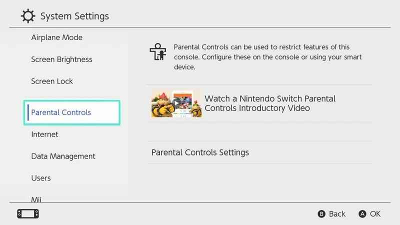 select Parental Controls on Nintendo switch