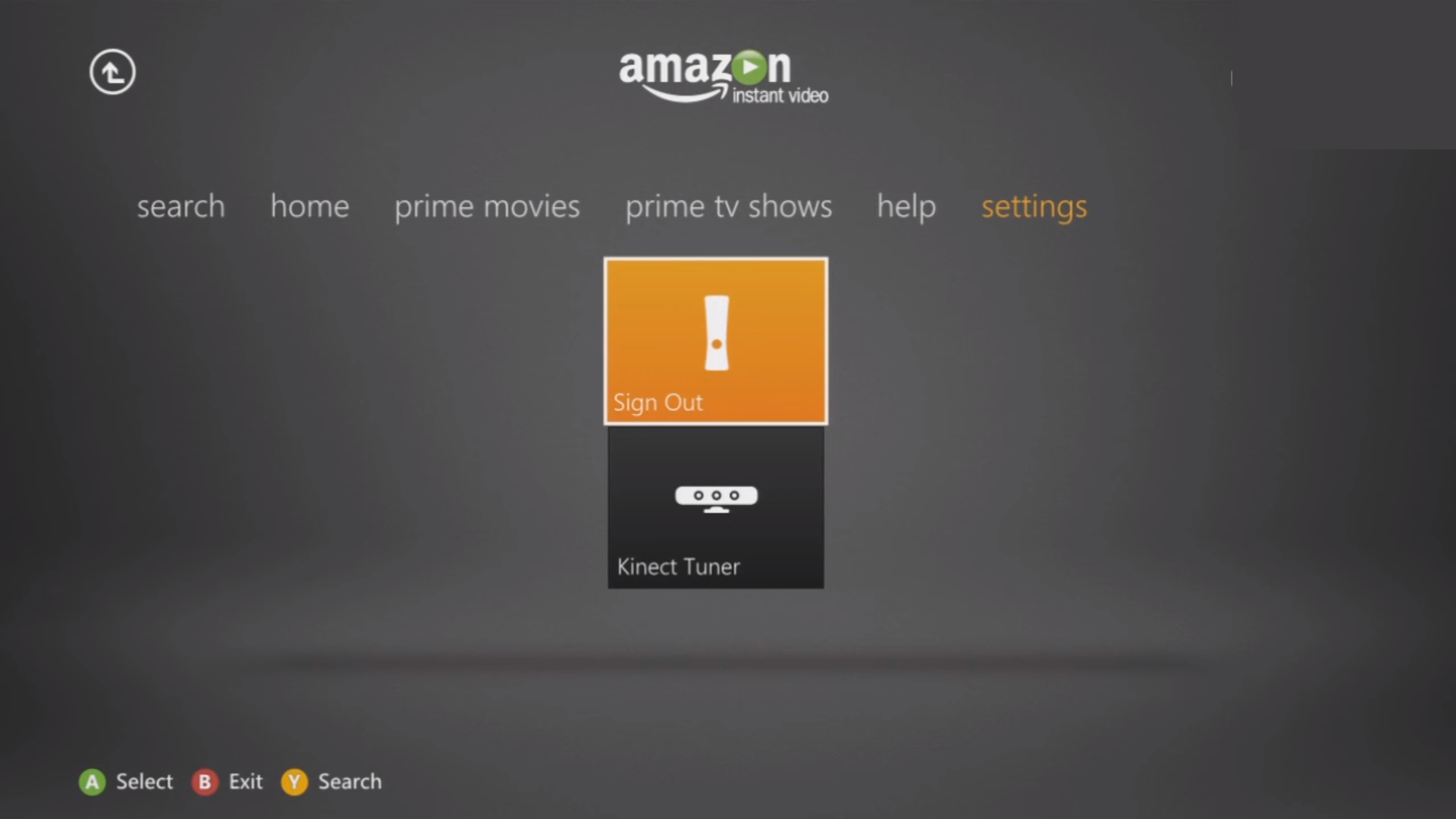 Amazon Prime on Xbox 360 settings screen