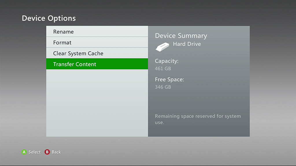 choose transfer content on device options for factory Reset Xbox 360