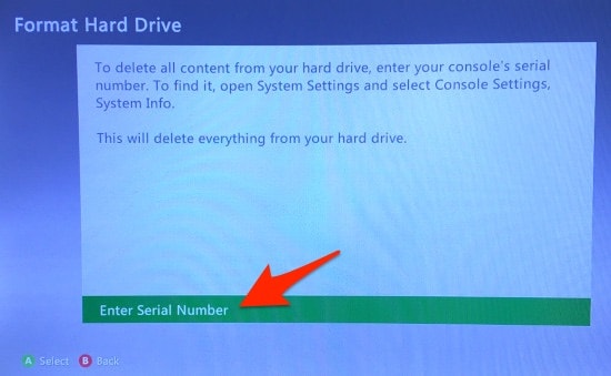 Select Enter Serial Number to reset xbox 360