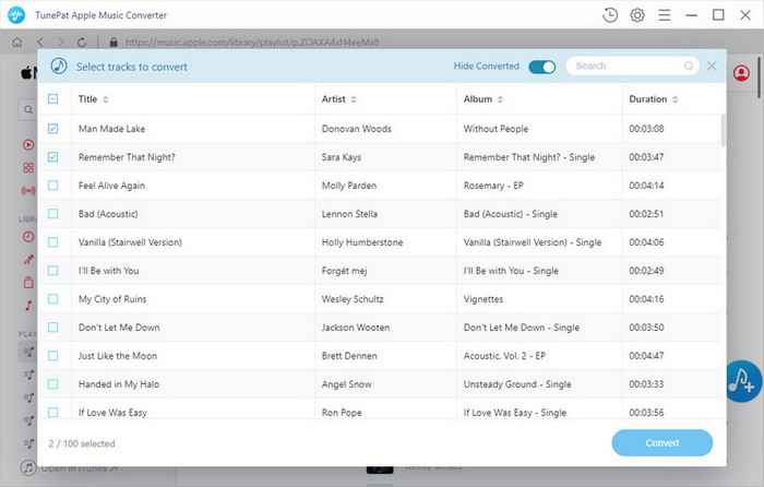 selection songs tab to convert the songs