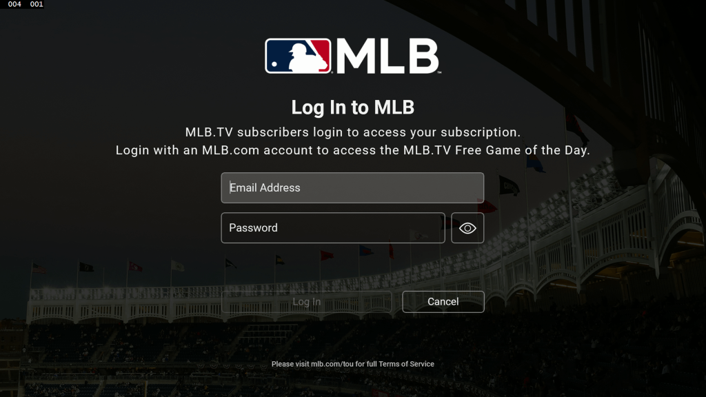 Select Log In to stream MLB TV on Xbox One 