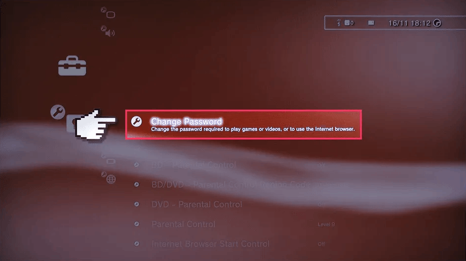 Select Change Password to set up PS3 Parental controls