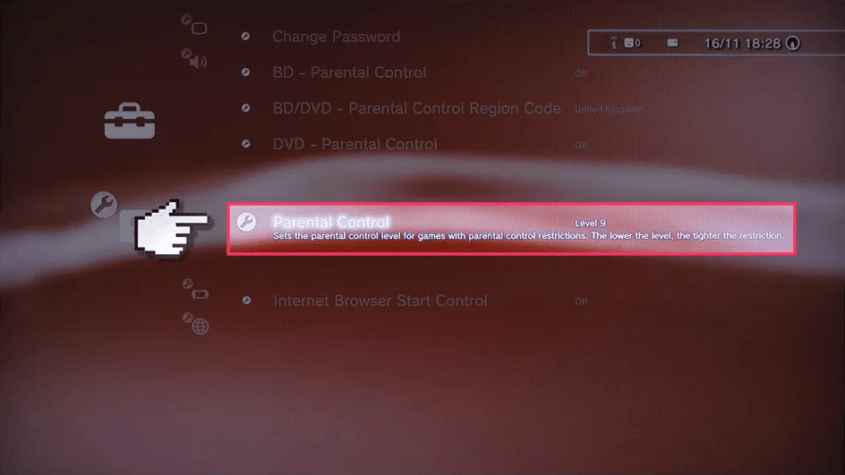 Select Parental Controls to set up PS3 Parental controls