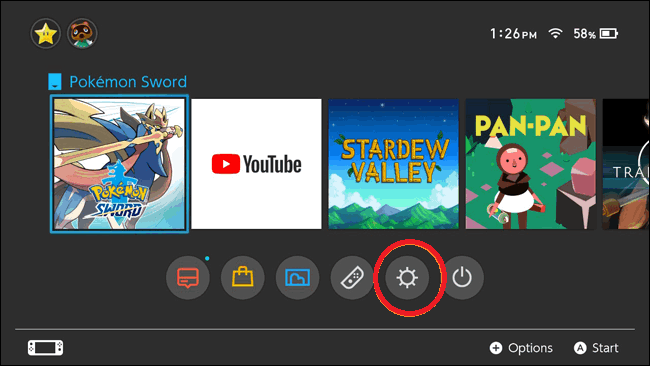 Home screen of Nintendo Switch to select system settings.