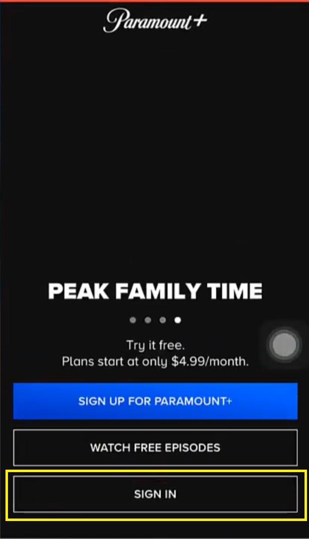 Sign in to Paramount Plus app on smartphone