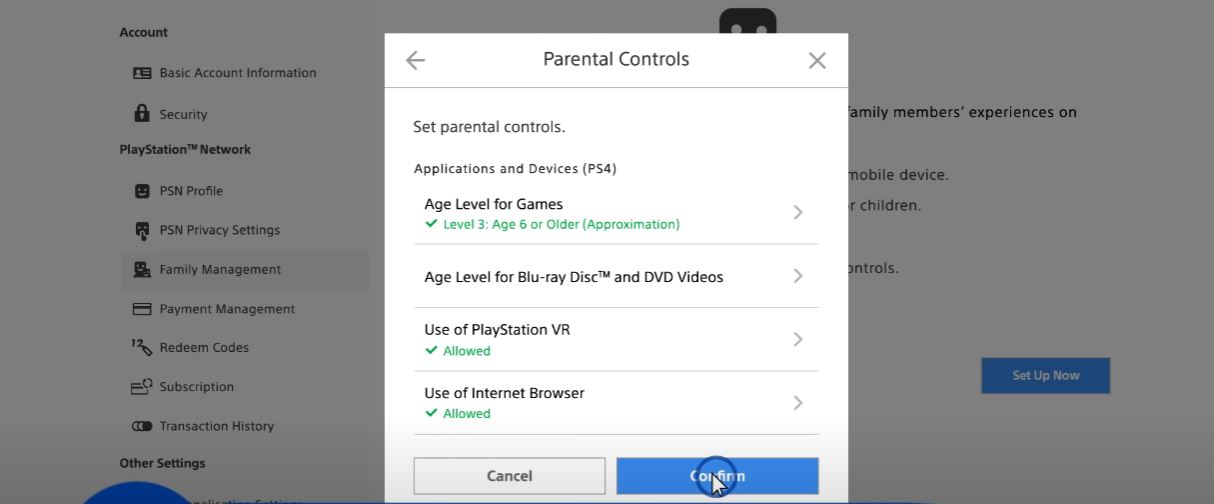 Click on 'Confirm' to accept changes to Parental control settings.