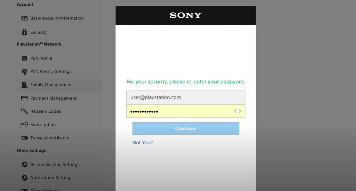 Sony PS4 parental control setup login screen