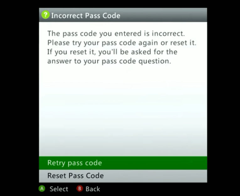 Select Reset Pass Code