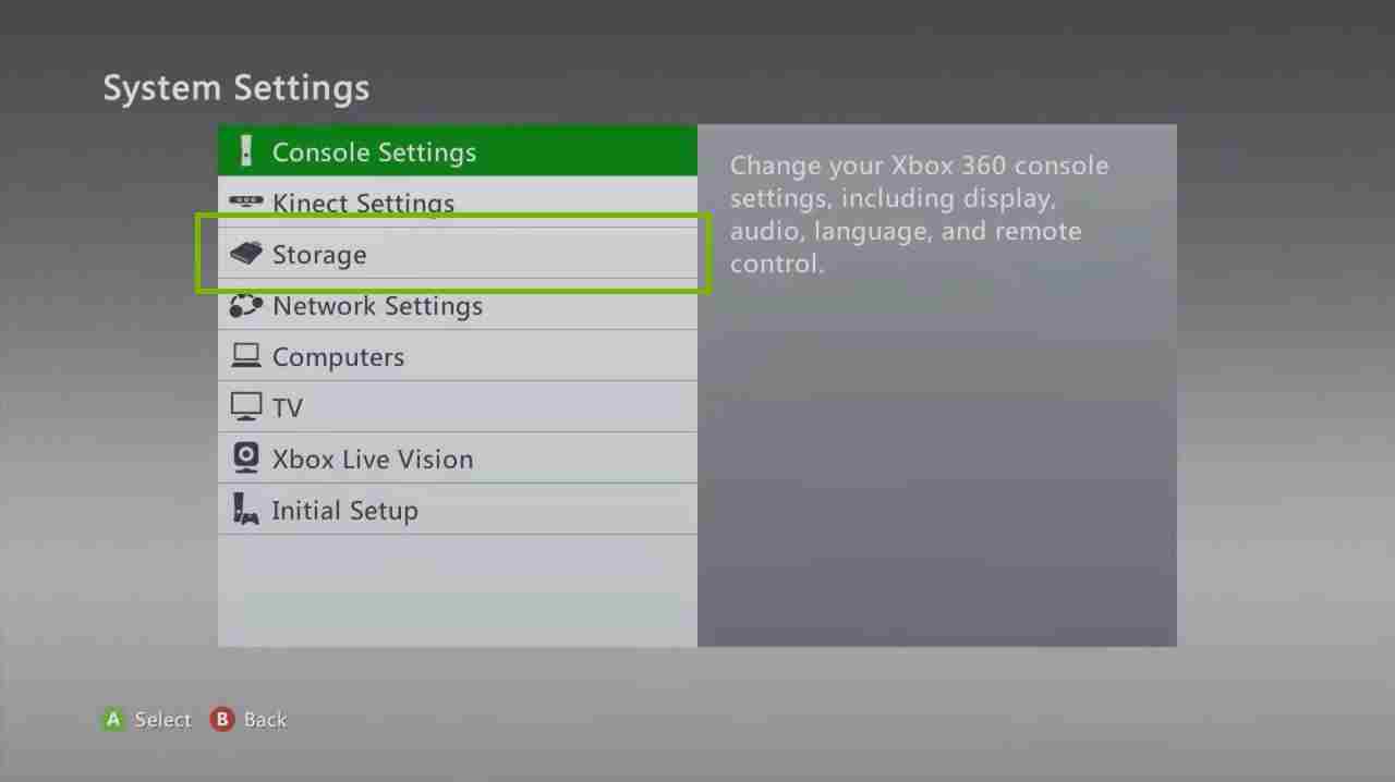 Select Storage option to clear cache on Xbox 360