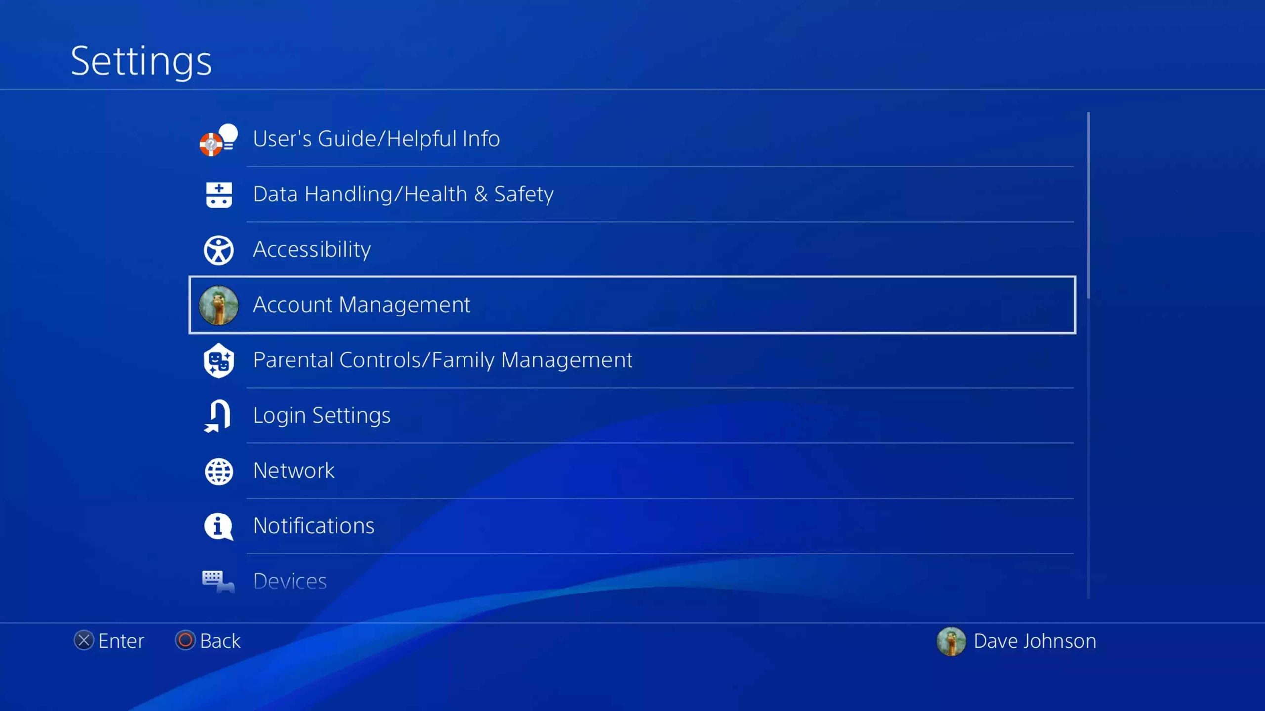 Settings menu to select account management to reset PS4 password