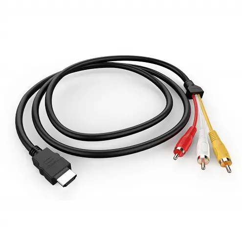 HDMI-to-RCA cable, one end HDMI male and other end has three wires yellow, white and red