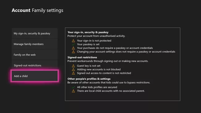 Add a child option highlighted after Family Settings chosen on Xbox One console.