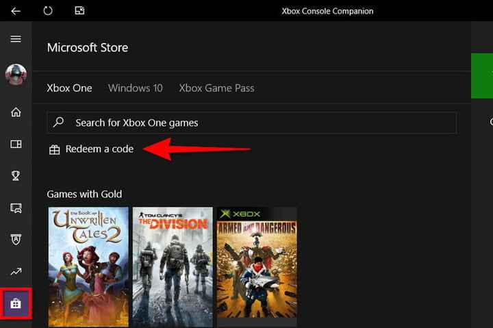 click redeem a code on Xbox companion app