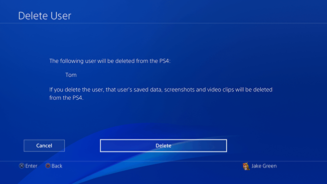 click the delete button to delete users on PS4