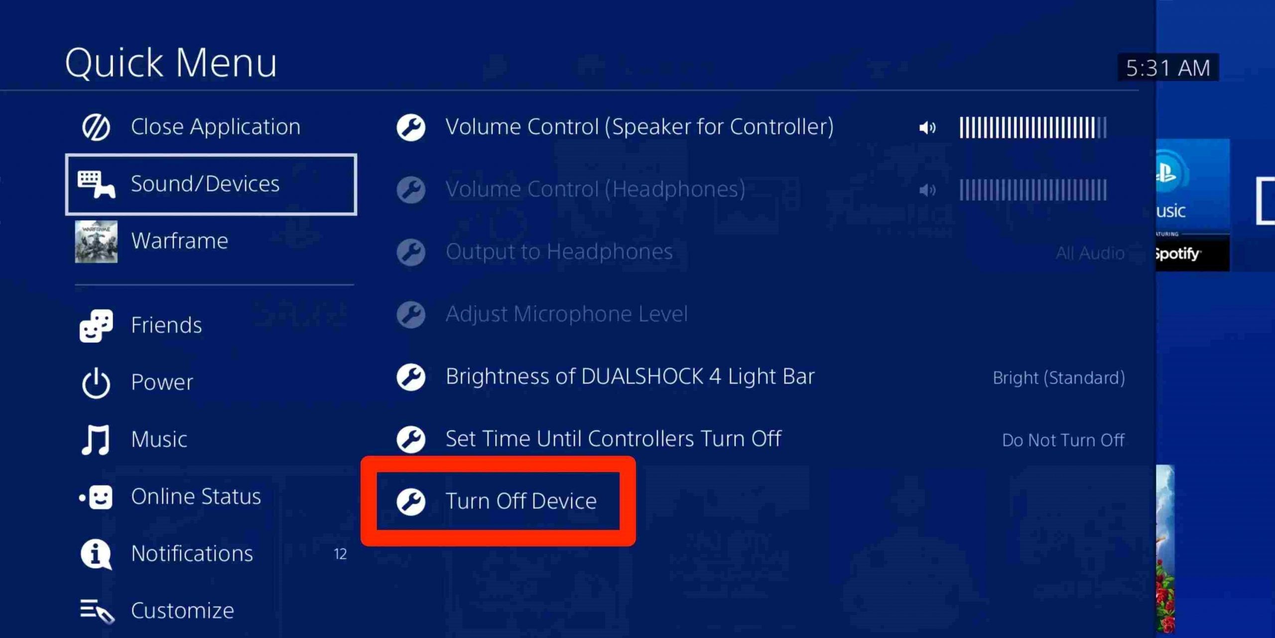 Turn off PS4 controller from Quick menu