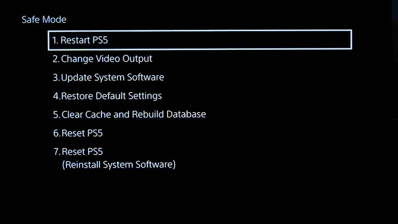 PS5 safe mode options