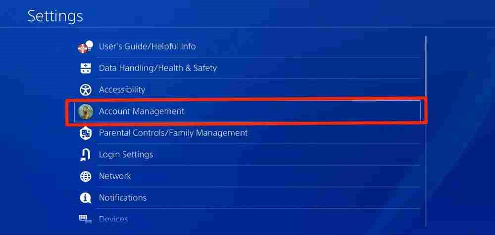 select Account management on PS4