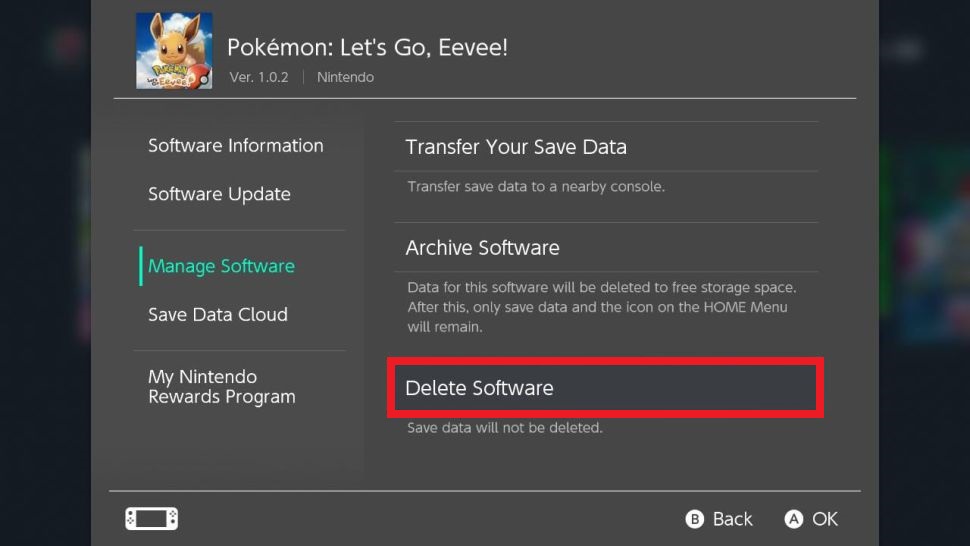 Tap Delete Software to delete the game on Nintendo Switch