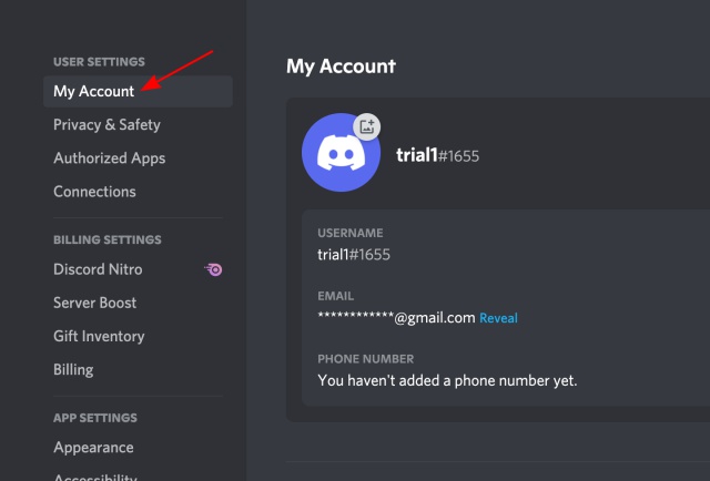 My Account option in discord
