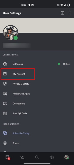My Account option in Discord