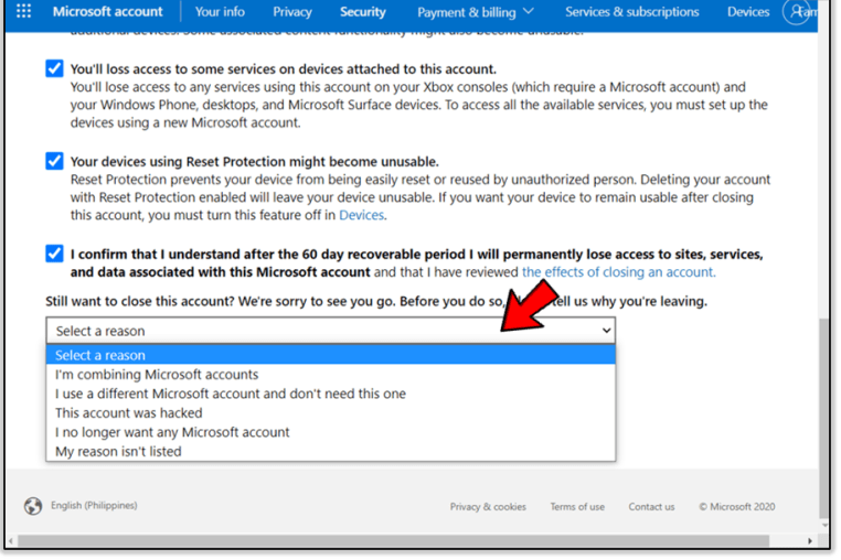 Select a reason to delete your Microsoft account