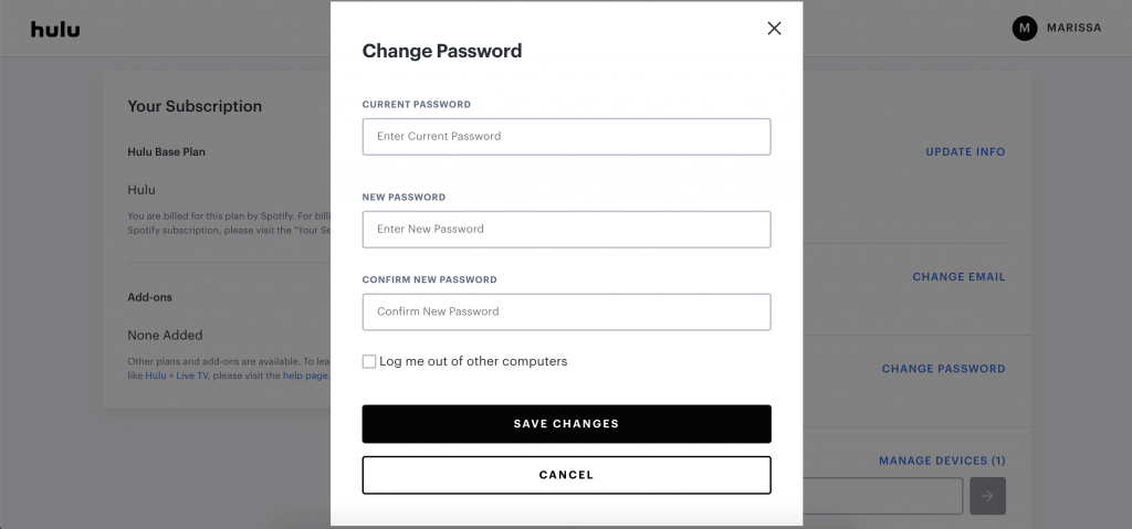 Enter new password to change password on Hulu