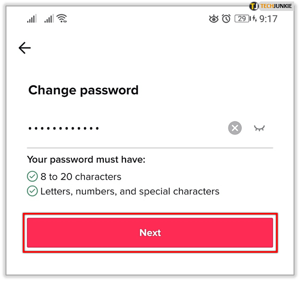 Click Next to change TikTok password