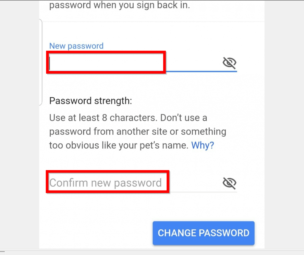 Enter the new password to change YouTube password