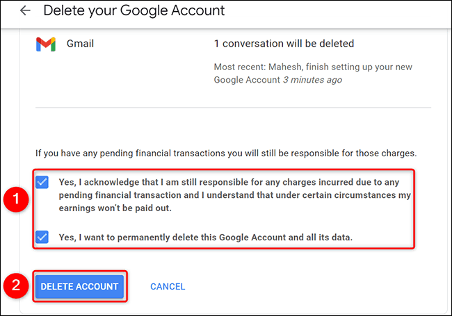 Click Delete account on Delete your Google Account page