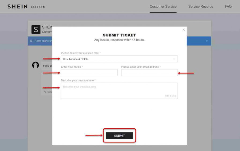 submit ticket from Shein support