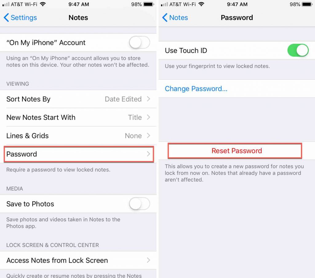 Tap reset password from Notes App in Settings