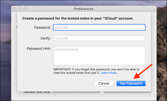Click set password to reset Notes password