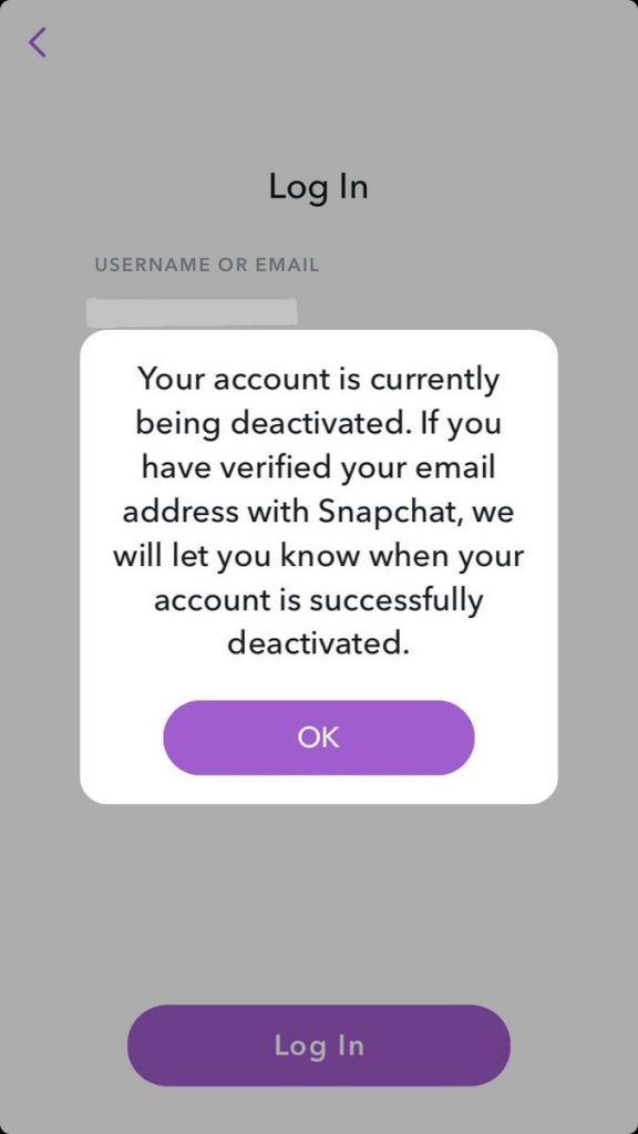 Click OK to reactivate Snapchat account