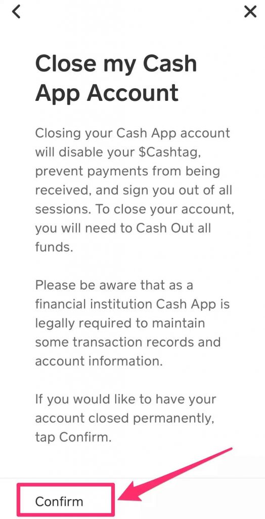 tap on confirm to delete cash app account