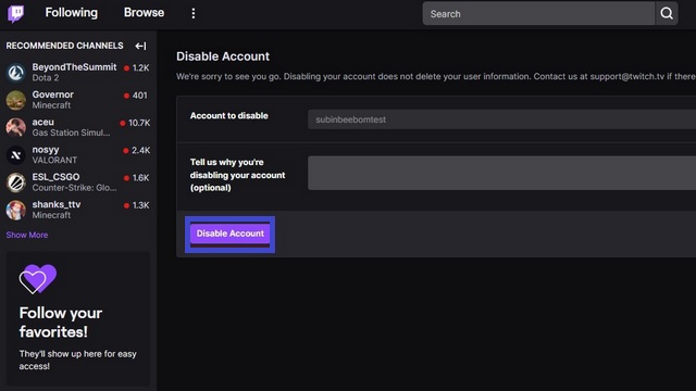 Click on the Disable Account option.