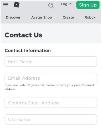 Roblox Contact Form