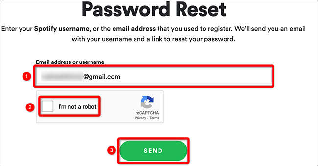 enter email address and username to reset spotify password 