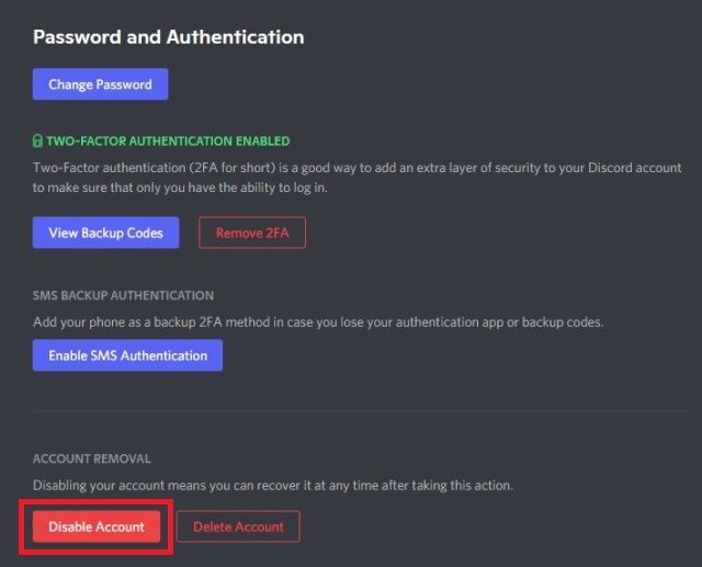 Disable Discord Account