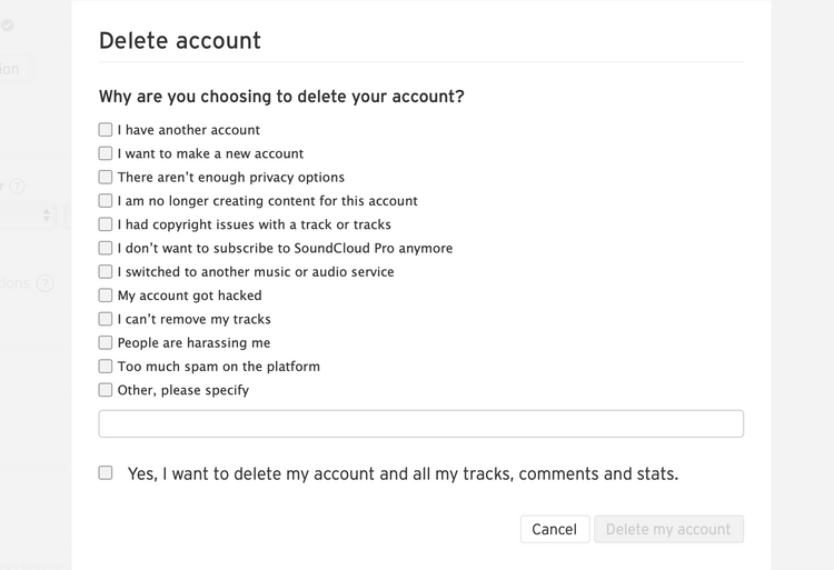 Choose a reason to delete your account.
